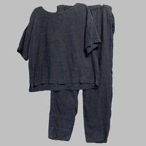 Eileen Fisher 2 Piece Organic Linen Pant Set Womens Size L Lagenlook Blue Check